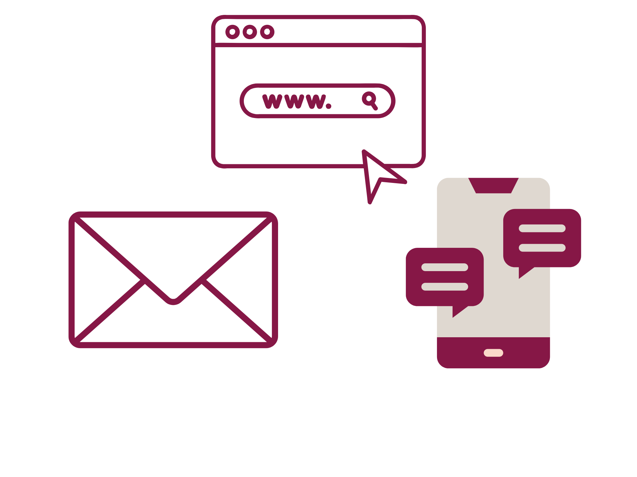 pink line drawing of an envelope, phone with text messages, and website