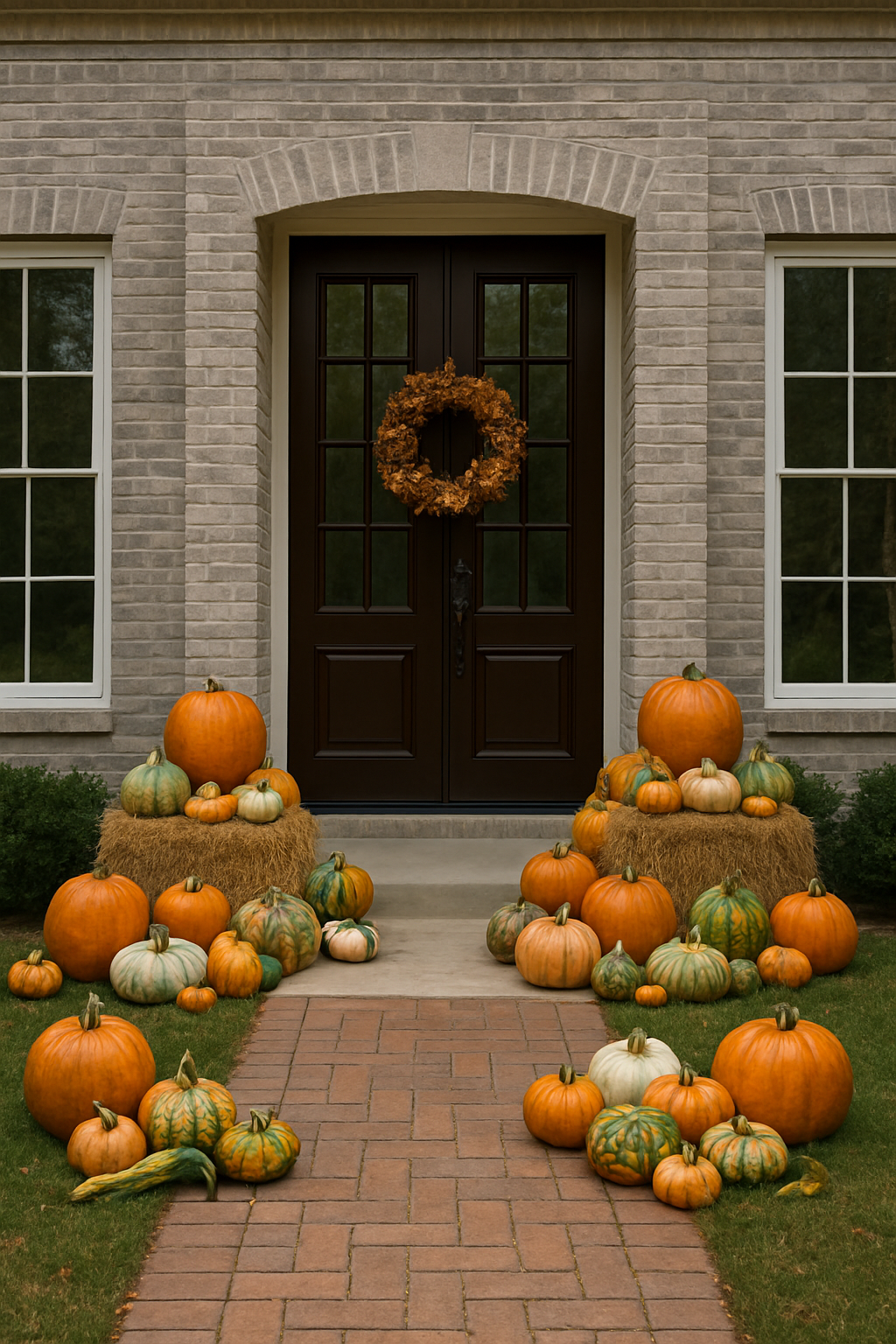 Front door with pumpkin decor