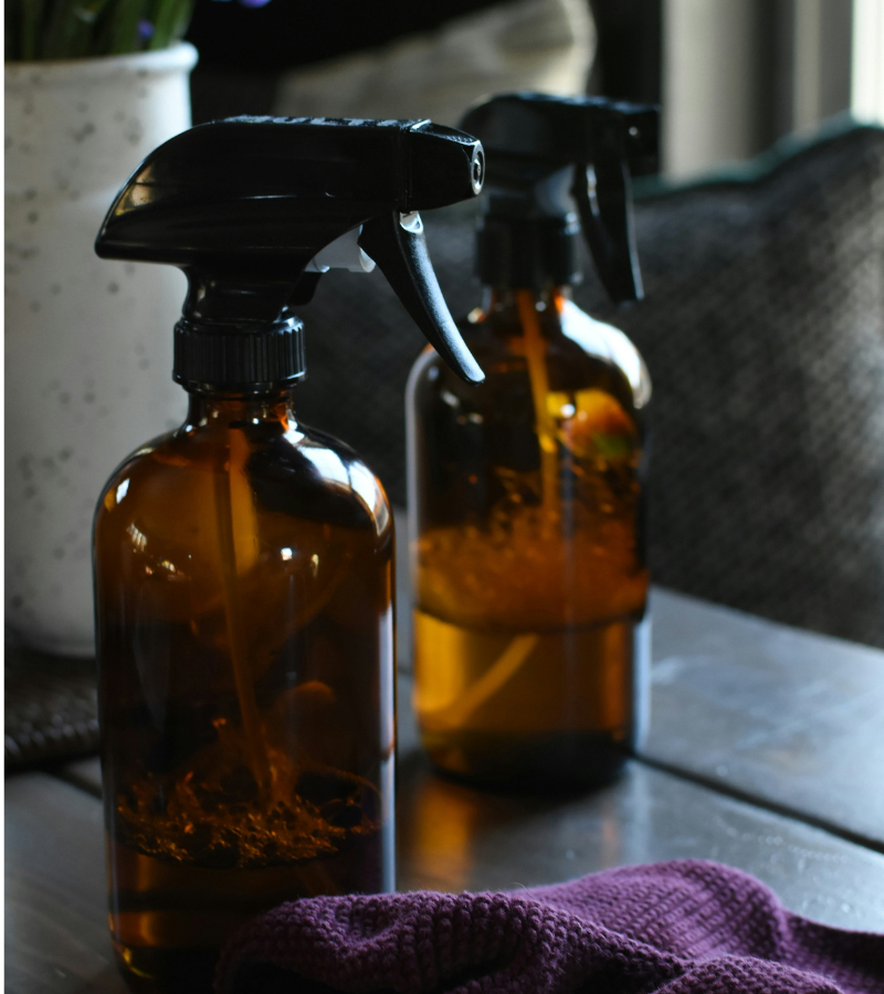 amber glass bottle with a clear solution